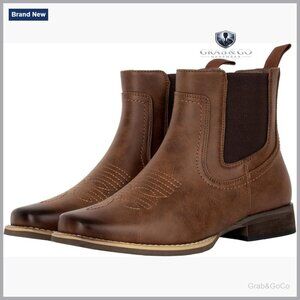 Men's Square Toe Chelsea Western Boots Ankle Dress Casual Pull On